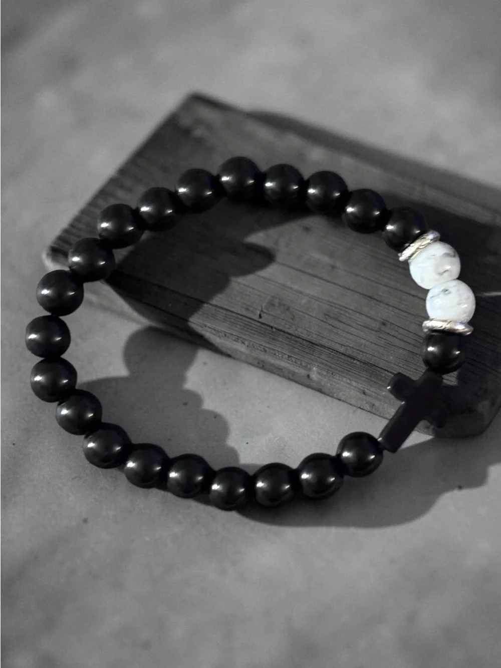 Men's Black Beaded Bracelet with White Accent Beads and Cross Charm
